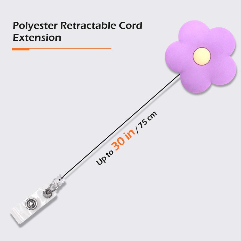 Finex 4 pcs Set Colorful Flowers Badge ID Clip Reel Retractable Holder Office Work Nurse Name Badge Tag Clip On Card Holders Cute - 30 inch Cord Extension - Image 2